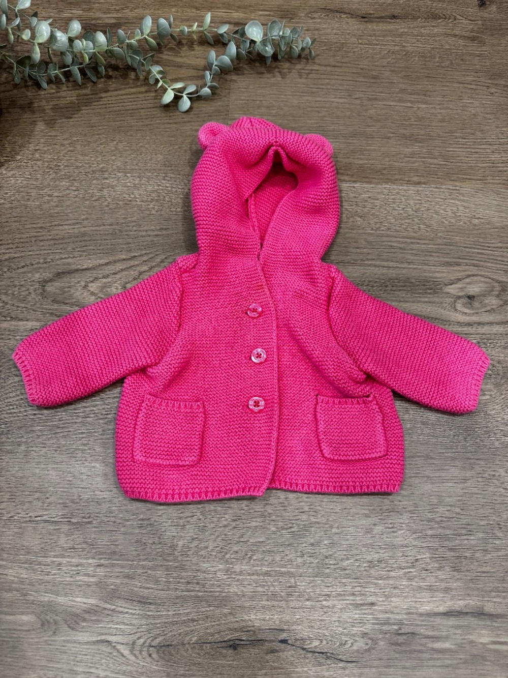BabyGap Baby 0-3M Hot Pink Knit Bear Ear Hooded Cardigan